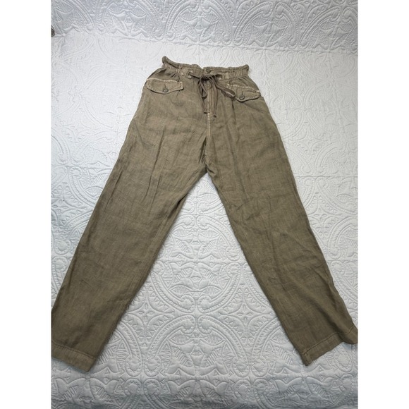 Pants - Linen Blend Paperbag Waist Drawstring‎ Utility Pants Olive Green Khaki Relaxed